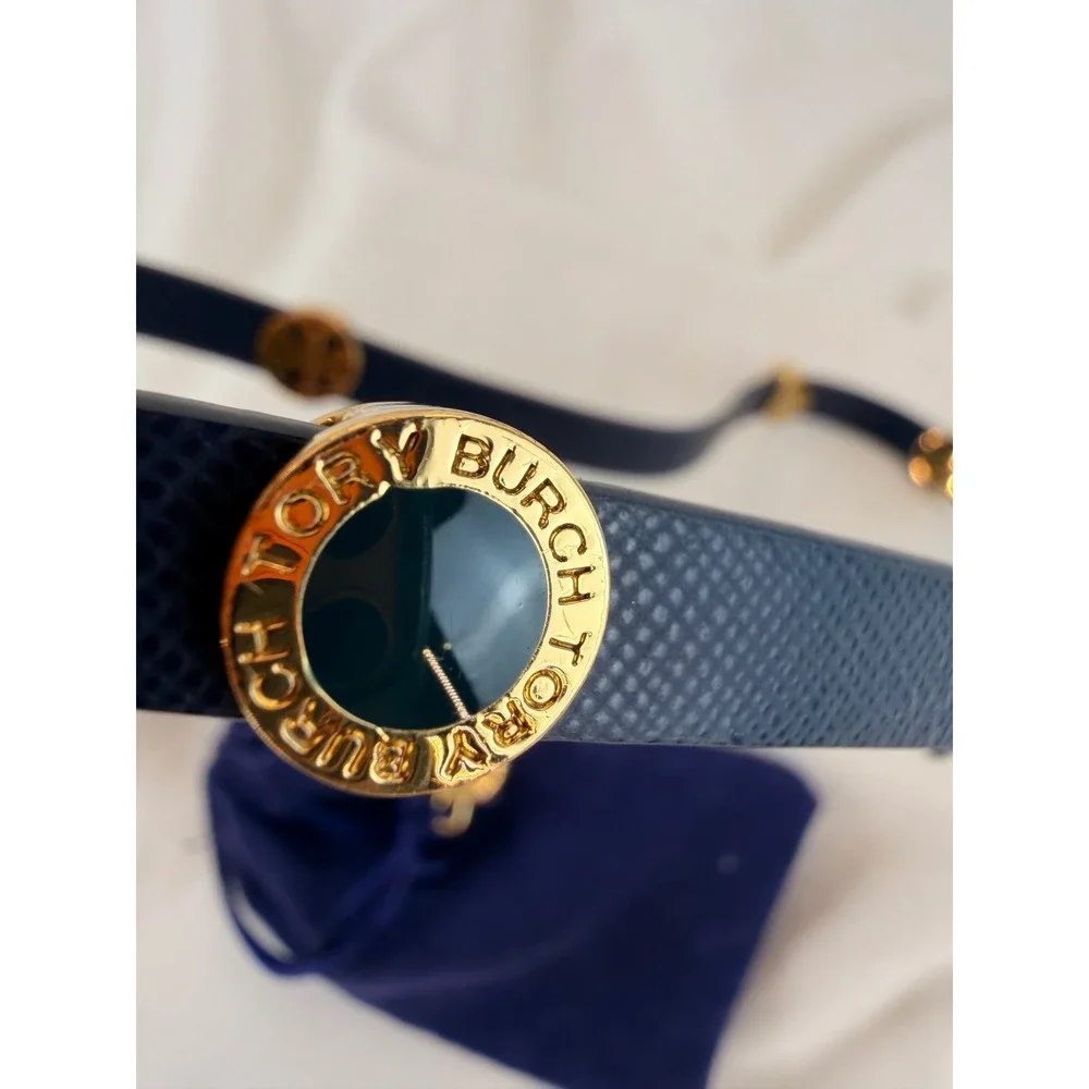 Tory Burch Reva Navy Saffiano Leather‎ Gold Logo Double Wrap Bracelet